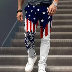 Discount OUKU Men's Casual Flag American Flag Dress Pants 3D Print Pocket 3D Print Mid Waist Party Evening Dailywear Vacation Summer Spring Fall Slim Fit Inelastic Blue