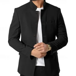 Hot OUKU Men's Casual Jacket Blazer Daily Vacation Warm Pocket Fall & Winter Plain Vintage Fashion Standing Collar Regular Black White Wine Navy Blue Jacket