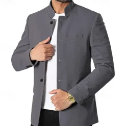 Hot OUKU Men's Casual Jacket Blazer Daily Vacation Warm Pocket Fall & Winter Plain Vintage Fashion Standing Collar Regular Black White Wine Navy Blue Jacket