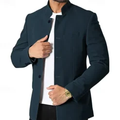 Hot OUKU Men's Casual Jacket Blazer Daily Vacation Warm Pocket Fall & Winter Plain Vintage Fashion Standing Collar Regular Black White Wine Navy Blue Jacket