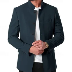 Hot OUKU Men's Casual Jacket Blazer Daily Vacation Warm Pocket Fall & Winter Plain Vintage Fashion Standing Collar Regular Black White Wine Navy Blue Jacket