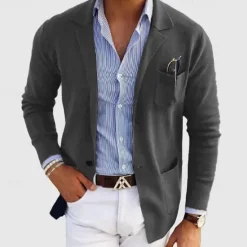 Online OUKU Men's Casual Jacket Casual Daily Comfortable Button Pocket Spring & Fall Solid Color Fashion Casual Peaked Lapel Regular Regular Fit Dark Gray Black Blue khaki Light Grey Jacket