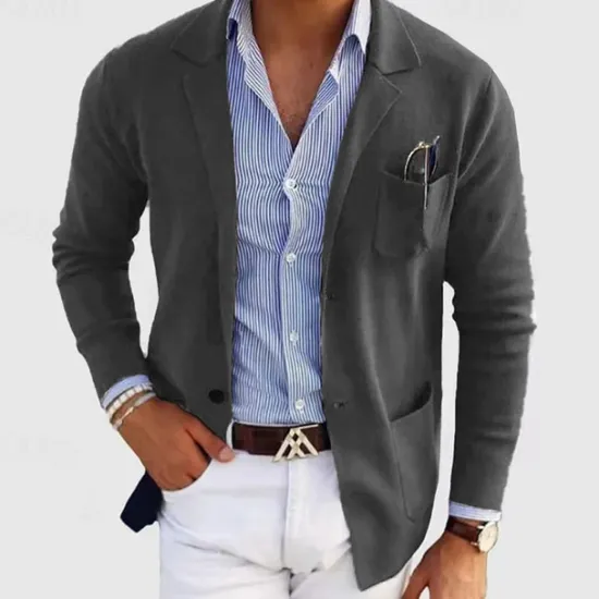 Online OUKU Men's Casual Jacket Casual Daily Comfortable Button Pocket Spring & Fall Solid Color Fashion Casual Peaked Lapel Regular Regular Fit Dark Gray Black Blue khaki Light Grey Jacket