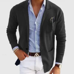 Online OUKU Men's Casual Jacket Casual Daily Comfortable Button Pocket Spring & Fall Solid Color Fashion Casual Peaked Lapel Regular Regular Fit Dark Gray Black Blue khaki Light Grey Jacket