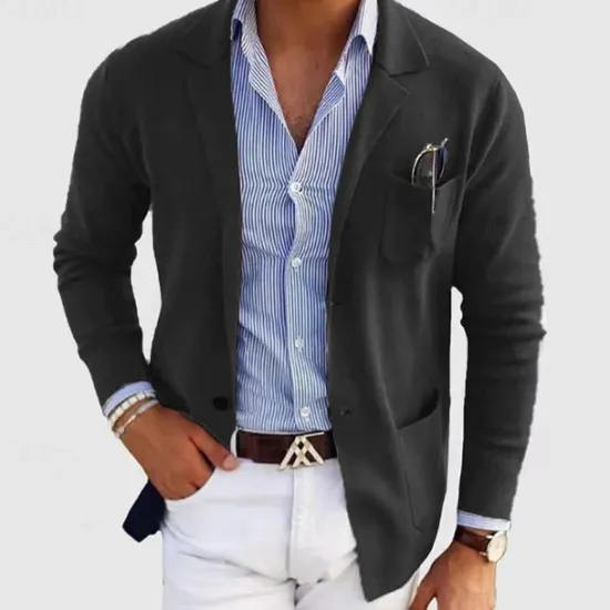 Online OUKU Men's Casual Jacket Casual Daily Comfortable Button Pocket Spring & Fall Solid Color Fashion Casual Peaked Lapel Regular Regular Fit Dark Gray Black Blue khaki Light Grey Jacket
