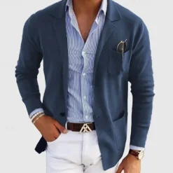 Online OUKU Men's Casual Jacket Casual Daily Comfortable Button Pocket Spring & Fall Solid Color Fashion Casual Peaked Lapel Regular Regular Fit Dark Gray Black Blue khaki Light Grey Jacket