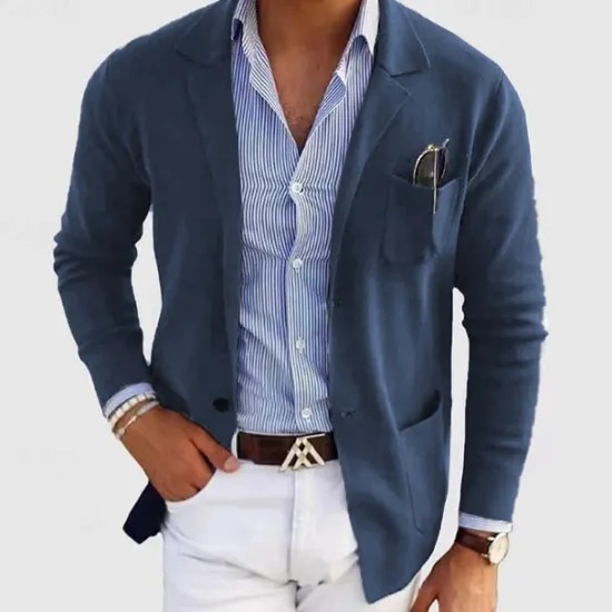 Online OUKU Men's Casual Jacket Casual Daily Comfortable Button Pocket Spring & Fall Solid Color Fashion Casual Peaked Lapel Regular Regular Fit Dark Gray Black Blue khaki Light Grey Jacket