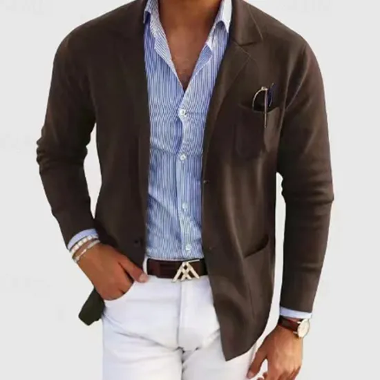 Online OUKU Men's Casual Jacket Casual Daily Comfortable Button Pocket Spring & Fall Solid Color Fashion Casual Peaked Lapel Regular Regular Fit Dark Gray Black Blue khaki Light Grey Jacket