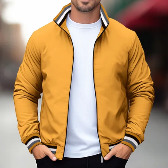 Best OUKU Men's Casual Jacket Sport Coat Daily Wear Warm Pocket Fall Winter Solid Color Fashion Sporty Stand Collar Regular Black Yellow Navy Blue Green Jacket