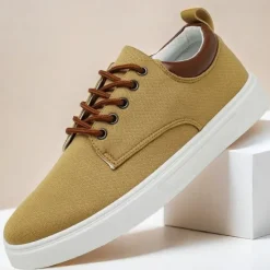 New OUKU Men's Casual Lace-Up Canvas Sneakers – Lightweight Breathable Shoes with Leather Accents, Perfect for Everyday Wear and Outdoor Activities
