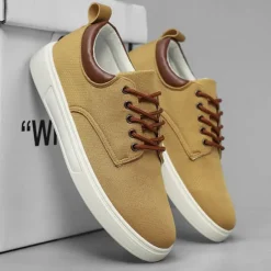 New OUKU Men's Casual Lace-Up Canvas Sneakers – Lightweight Breathable Shoes with Leather Accents, Perfect for Everyday Wear and Outdoor Activities