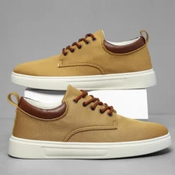 New OUKU Men's Casual Lace-Up Canvas Sneakers – Lightweight Breathable Shoes with Leather Accents, Perfect for Everyday Wear and Outdoor Activities