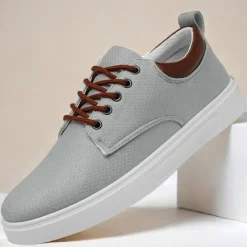 New OUKU Men's Casual Lace-Up Canvas Sneakers – Lightweight Breathable Shoes with Leather Accents, Perfect for Everyday Wear and Outdoor Activities