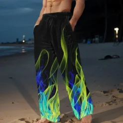 Clearance OUKU Men's Casual Pants Graphic Hawaiian Holiday Inelastic Black