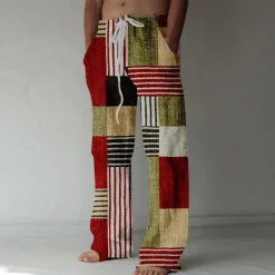 Sale OUKU Men's Casual Pants Pocket Drawstring Straight Leg Geometric Color Block Patchwork Vacation Casual Pink Red Inelastic