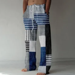 Sale OUKU Men's Casual Pants Pocket Drawstring Straight Leg Geometric Color Block Patchwork Vacation Casual Pink Red Inelastic