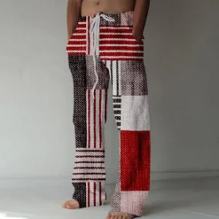 Sale OUKU Men's Casual Pants Pocket Drawstring Straight Leg Geometric Color Block Patchwork Vacation Casual Pink Red Inelastic