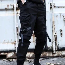 OUKU mens casual pants Trousers multi-pockets Streetwear Harem fashion cargo joggers gym drawstring long pants ankle-length trousers with multi-pockets