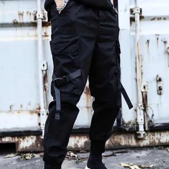 OUKU mens casual pants Trousers multi-pockets Streetwear Harem fashion cargo joggers gym drawstring long pants ankle-length trousers with multi-pockets