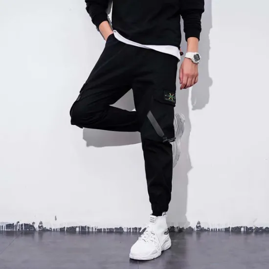 OUKU mens casual pants Trousers multi-pockets Streetwear Harem fashion cargo joggers gym drawstring long pants ankle-length trousers with multi-pockets