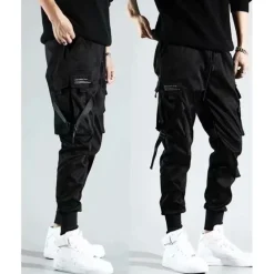 OUKU mens casual pants Trousers multi-pockets Streetwear Harem fashion cargo joggers gym drawstring long pants ankle-length trousers with multi-pockets