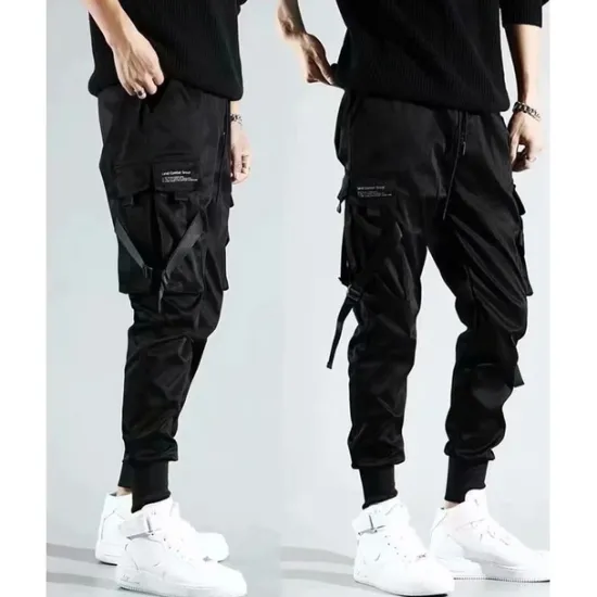 OUKU mens casual pants Trousers multi-pockets Streetwear Harem fashion cargo joggers gym drawstring long pants ankle-length trousers with multi-pockets