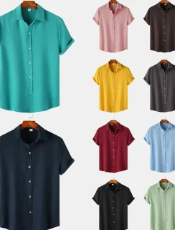 Best OUKU Men's Casual Shirt Black Yellow Pink Wine Blue Short Sleeve Plain Lapel Vacation Street Basic Clothing Apparel Polyester Fashion Leisure