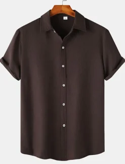 Best OUKU Men's Casual Shirt Black Yellow Pink Wine Blue Short Sleeve Plain Lapel Vacation Street Basic Clothing Apparel Polyester Fashion Leisure