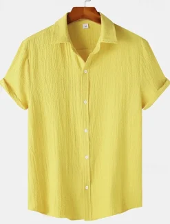 Best OUKU Men's Casual Shirt Black Yellow Pink Wine Blue Short Sleeve Plain Lapel Vacation Street Basic Clothing Apparel Polyester Fashion Leisure