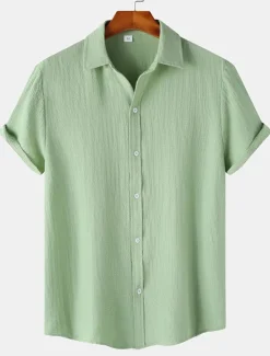 Best OUKU Men's Casual Shirt Black Yellow Pink Wine Blue Short Sleeve Plain Lapel Vacation Street Basic Clothing Apparel Polyester Fashion Leisure