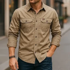 Hot OUKU Men's Casual Shirt Work Shirt Button Up Shirt Dark Navy khaki Light Grey Army Green Long Sleeve Solid / Plain Color Lapel Vacation Holiday Button-Down Clothing Apparel Cotton Fashion Casual