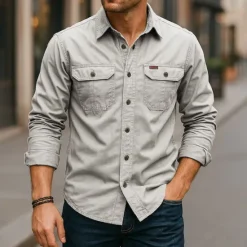 Hot OUKU Men's Casual Shirt Work Shirt Button Up Shirt Dark Navy khaki Light Grey Army Green Long Sleeve Solid / Plain Color Lapel Vacation Holiday Button-Down Clothing Apparel Cotton Fashion Casual