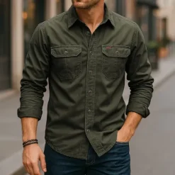 Hot OUKU Men's Casual Shirt Work Shirt Button Up Shirt Dark Navy khaki Light Grey Army Green Long Sleeve Solid / Plain Color Lapel Vacation Holiday Button-Down Clothing Apparel Cotton Fashion Casual