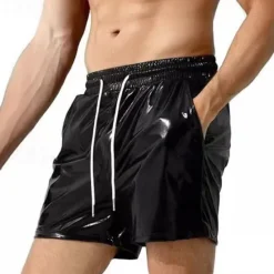 New OUKU Men's Casual Shorts Faux Leather Shorts Shiny Metallic Solid Colored Sports Short Casual Club Fashion Casual Silver Black Low Waist Micro-elastic