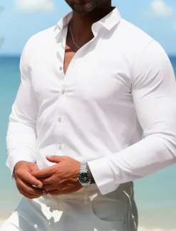 New OUKU Men's Casual Summer Shirt Homecoming Standard Fit Long Sleeve Lapel Solid Color Polyester Black White Pink 2025