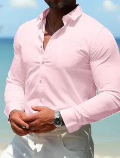 New OUKU Men's Casual Summer Shirt Homecoming Standard Fit Long Sleeve Lapel Solid Color Polyester Black White Pink 2025