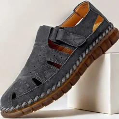 New OUKU Men's Casual Tan Suede Sandals with Adjustable Velcro Strap, Breathable Design and Comfortable Sole – Perfect for Outdoor, Beach and Summer Activities