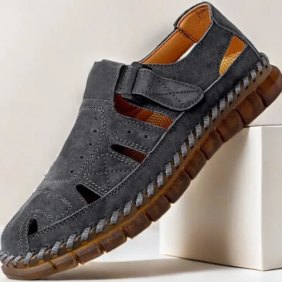 New OUKU Men's Casual Tan Suede Sandals with Adjustable Velcro Strap, Breathable Design and Comfortable Sole – Perfect for Outdoor, Beach and Summer Activities