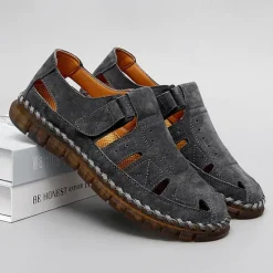 New OUKU Men's Casual Tan Suede Sandals with Adjustable Velcro Strap, Breathable Design and Comfortable Sole – Perfect for Outdoor, Beach and Summer Activities