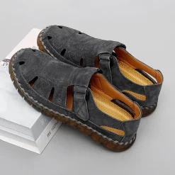 New OUKU Men's Casual Tan Suede Sandals with Adjustable Velcro Strap, Breathable Design and Comfortable Sole – Perfect for Outdoor, Beach and Summer Activities