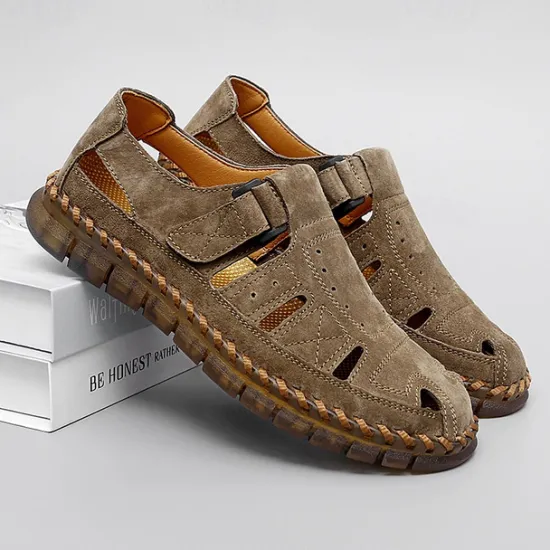 New OUKU Men's Casual Tan Suede Sandals with Adjustable Velcro Strap, Breathable Design and Comfortable Sole – Perfect for Outdoor, Beach and Summer Activities