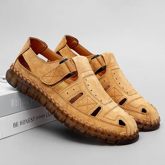 New OUKU Men's Casual Tan Suede Sandals with Adjustable Velcro Strap, Breathable Design and Comfortable Sole – Perfect for Outdoor, Beach and Summer Activities
