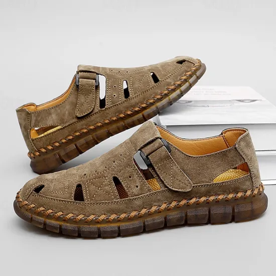 New OUKU Men's Casual Tan Suede Sandals with Adjustable Velcro Strap, Breathable Design and Comfortable Sole – Perfect for Outdoor, Beach and Summer Activities