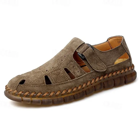 New OUKU Men's Casual Tan Suede Sandals with Adjustable Velcro Strap, Breathable Design and Comfortable Sole – Perfect for Outdoor, Beach and Summer Activities