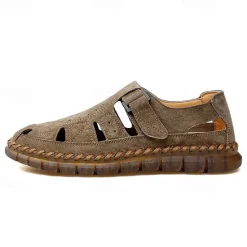 New OUKU Men's Casual Tan Suede Sandals with Adjustable Velcro Strap, Breathable Design and Comfortable Sole – Perfect for Outdoor, Beach and Summer Activities