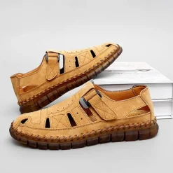 New OUKU Men's Casual Tan Suede Sandals with Adjustable Velcro Strap, Breathable Design and Comfortable Sole – Perfect for Outdoor, Beach and Summer Activities