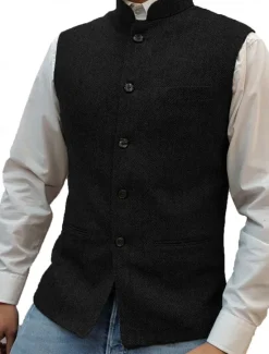 Best OUKU Men's Casual Vest Solid Color Tailored Fit Single Breasted Five-buttons Silver Black Dark Navy 2023