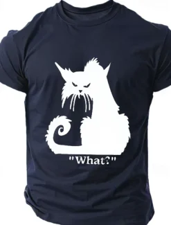 Online OUKU Men's Cat Halloween T Shirt Tee Top 100% Cotton Short Sleeve Graphic Shirt Black White Dark Grey Comfortable Tee Street Sports Outdoor Fashion Designer Clothing
