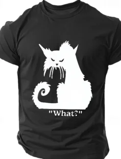 Online OUKU Men's Cat Halloween T Shirt Tee Top 100% Cotton Short Sleeve Graphic Shirt Black White Dark Grey Comfortable Tee Street Sports Outdoor Fashion Designer Clothing
