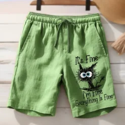 New OUKU Men's Cat Letter Printed Funny Shorts Summer Shorts Beach Shorts Mid Waist Hawaiian Casual Outdoor Holiday Going out Drawstring Elastic Waist Print Designer Clothing Apparel